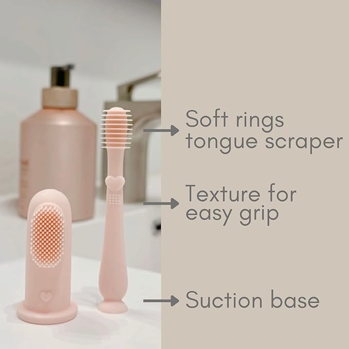 Ali+Oli Baby Oral Care Set (Blush) - Dual-Sided Finger Toothbrush x2, Tongue Scraper, Protective Case - BPA, Phthalate, PVC Free - Food-Grade Baby Care Products for Infants