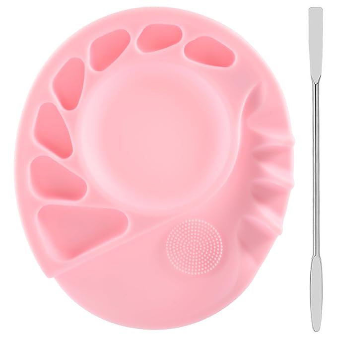 Makeup Palette, 5-In-1 Multifunction Silicone Makeup Mixing Palette with Spatula Artist Tool for Mixing Foundation Nail Art, Eyelash Glue, Cosmetic Makeup Foundation Blending Palette Pink