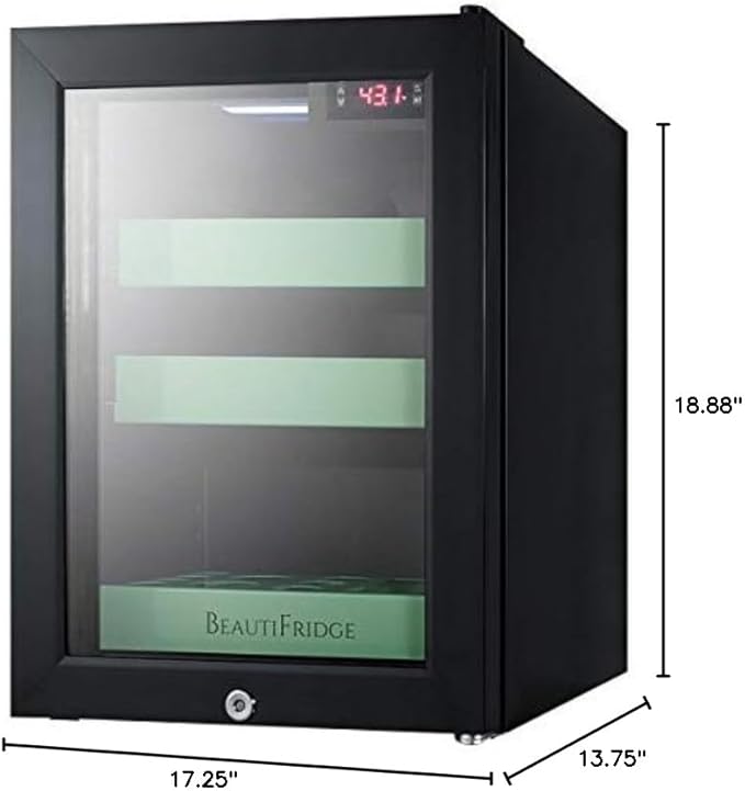 Summit Appliance LX114LG BeautiFridge Compact Cosmetics Cooler with Glass Door, Black; 0.85 cu.ft Capacity, Digital thermostat, Automatic defrost, Factory Installed Lock, Bottle Shelf, Removable Trays