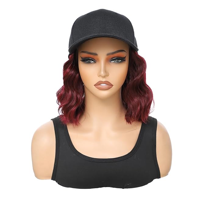 GUOJIAN Hat Wigs for Women 6' Short Wave Baseball Cap Wigs with Curly Hair Extensions Synthetic Wave Wig Adjustable Hat with Hair Attached for Daily Use (99J, 6inch)