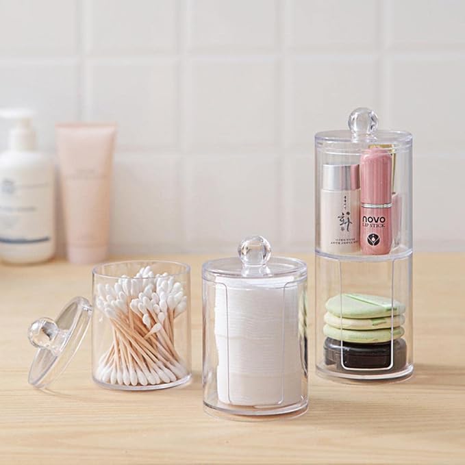Sizikato Clear Acrylic Q-Tip Holder for Bathroom, Round Cotton Swab Dispenser with Lid