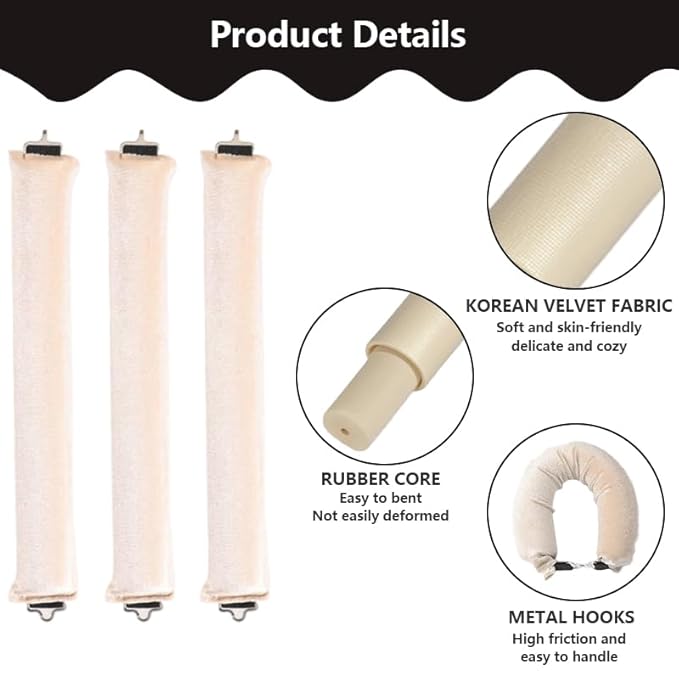 Heatless Curls Overnight Set of 3 with 1 Scarf - Heatless Hair Curler, Overnight Blowout Rods for Blowout Look Long Hair (Beige)