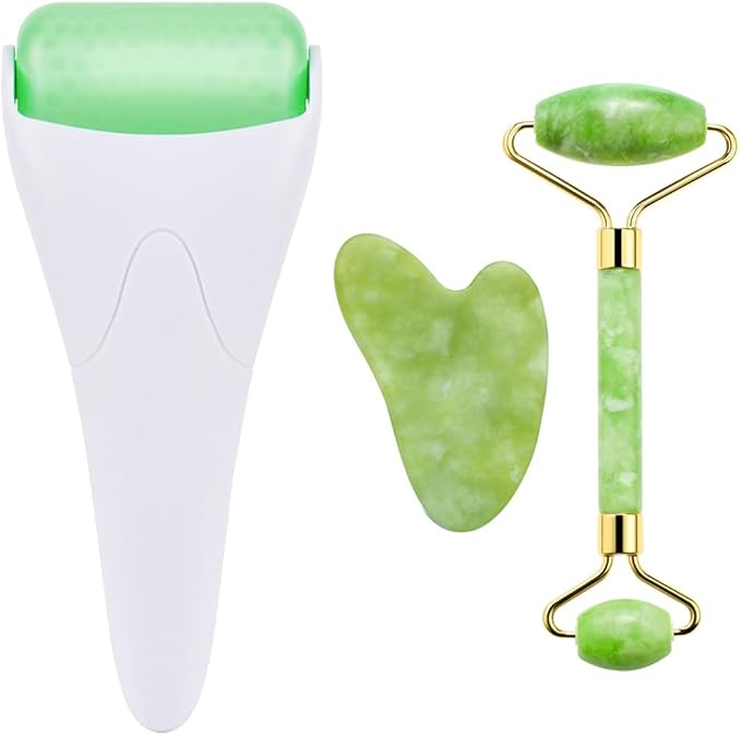 AECW 3-in-1 Natural Jade Roller and Gua Sha Set for Face and Eye Ice Roller Facial Cooling Massage Roller (White Ice Roller + Jade Roller + Gua Sha)