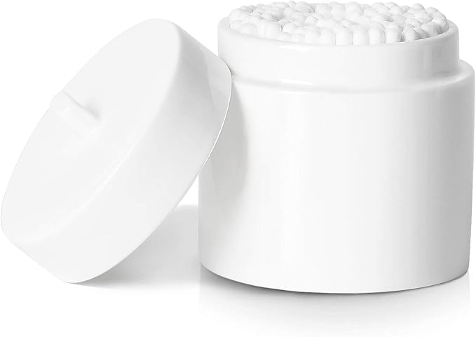 LEETOYI Ceramic Cotton Swabs Holder Organizer with Lid,Storage Canisters for Swabs,Cotton Balls,Makeup Sponges, Hair Ties,Bath Salts, and Easy To Clean (White)