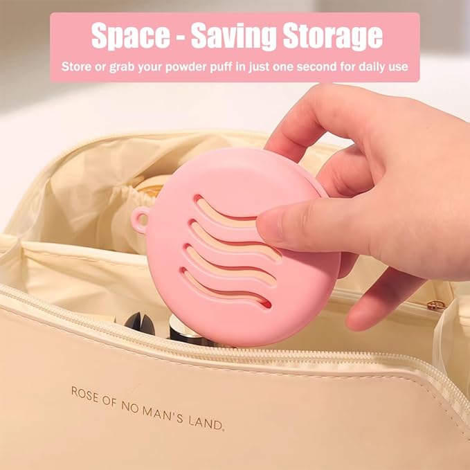 Portable Powder Puff Case,Breathable Round Makeup Puff Protective Container,Silicone Make-up Storage Box Travel Quick Drying Easy to Carry,4 Pieces,Pink+Grey