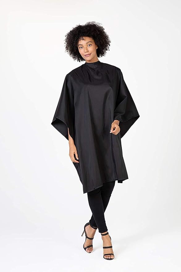 Betty Dain Shimmer Cutting/Styling Cape, Lightweight Iridescent Nylon, Snaps Adjust Up To 22 Inch Neck Closure, Water Resistant, 54" Wide x 62" Length x 22" Back, Black