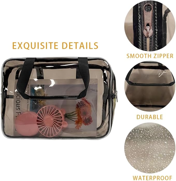 PVC Black Pure Color Transparent Gift Pouch Wash Travel Makeup Cosmetic Bag with Handle for Travel Bathroom Toiletry Organizer (Black)