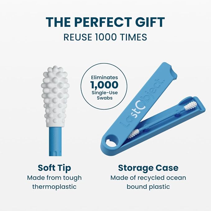 LastSwab® Reusable Cotton Swabs for Ear Cleaning - Sanitary Alternative to Single-Use Q Tips - Easy to Clean - Comes with a Convenient Travel Case Holder - Blue