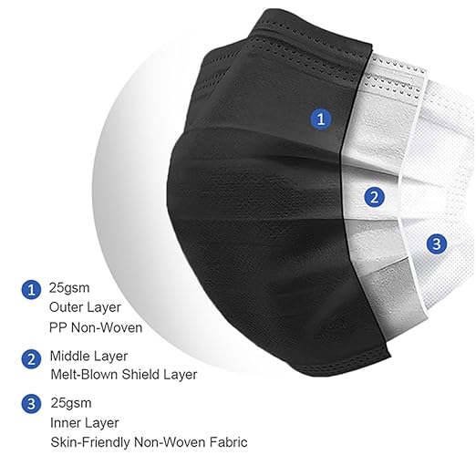 MTYX Black Disposable Face Masks 3 Ply 50PCS - Individually Wrapped - Durable - Odorless - Hygienic