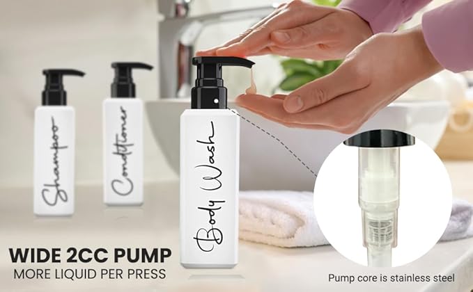Spa-Inspired Refillable Shampoo and Conditioner Bottles - Dispenser Set of 3 with Pump - Bottles for Shower Wall – Printed Shampoo, Conditioner & Body Wash