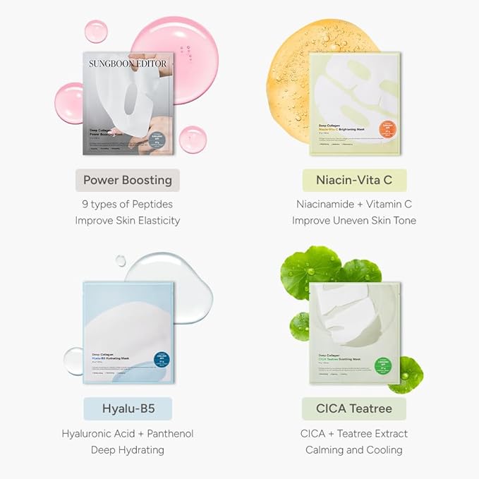 SUNGBOON EDITOR Deep Collagen STARTER KIT | Glass Skin, Elasticity, Moisturizing, Calming, Uneven Skin, Overnight Face Mask, Korean Skin Care, 37gx16ea | Gifts for Women
