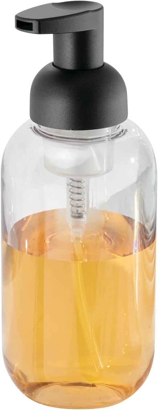mDesign Round Plastic Refillable Foaming Soap Dispenser Pump Bottle for Bathroom Vanity Countertop - Vintage-Inspired, Compact Container Design - Twain Collection - 2 Pack - Clear/Matte Black