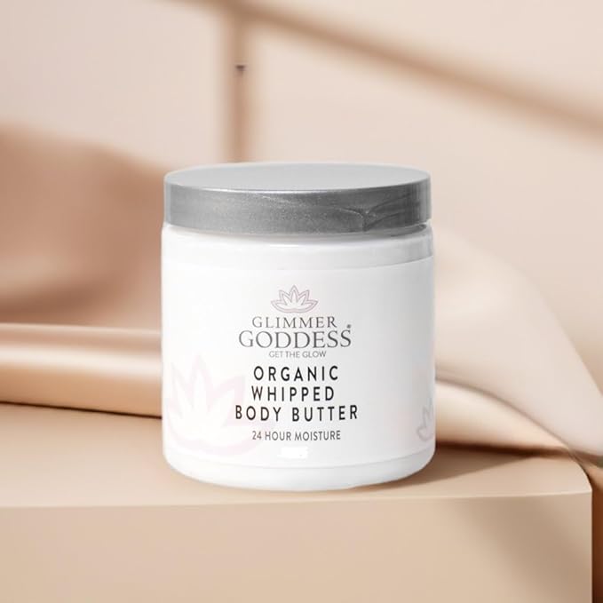 GLIMMER GODDESS Organic Whipped Body Butter for Women - Moisturizer Cream with Shea & Cocoa Butter, Almonds & Coconut Oil - Evening Snow, 8oz