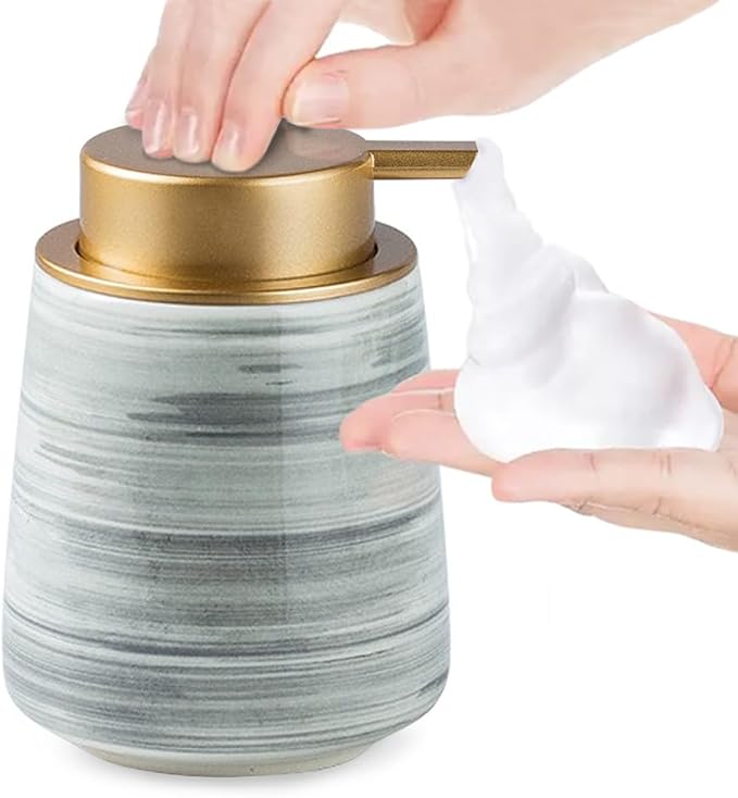 Modern Striped Style Gold Soap Dispenser for Bathroom, Ceramic Hand Soap Dispenser, Easy to Refill Liquid (Gray-Foam Pump)