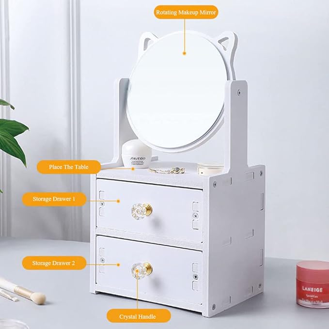 Cosmetic Storage Box for Women, Girls, Desktop Vanity Mirror with Storage Drawer, Large 360° Rotating Vanity Tabletop, Desktop Counter Top Rectangular Makeup Mirror with Stand