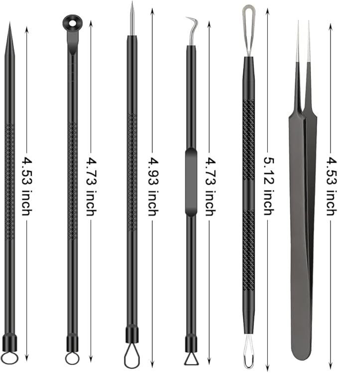 Pimple Popper Tool Kit, 6 Pcs Blackhead Remover Acne Needle Tools Set Removing Treatment Comedone Whitehead Popping Zit for Nose Face Skin Blemish Extractor Tool - Black