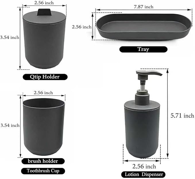 LGURT-4-piece Set of Bathroom Accessories, Plastic Bathroom Accessories, Toothbrush Holder, Toothbrush Cup, soap Dispenser, soap pan (Dark Gray)