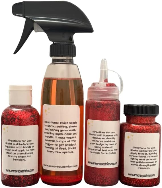 Horse Gallop Glitter Gift Set, 4 Items - Hoof Polish, Body Glitter, Mane and Tail Gel, Shimmer Body Spray (Red)