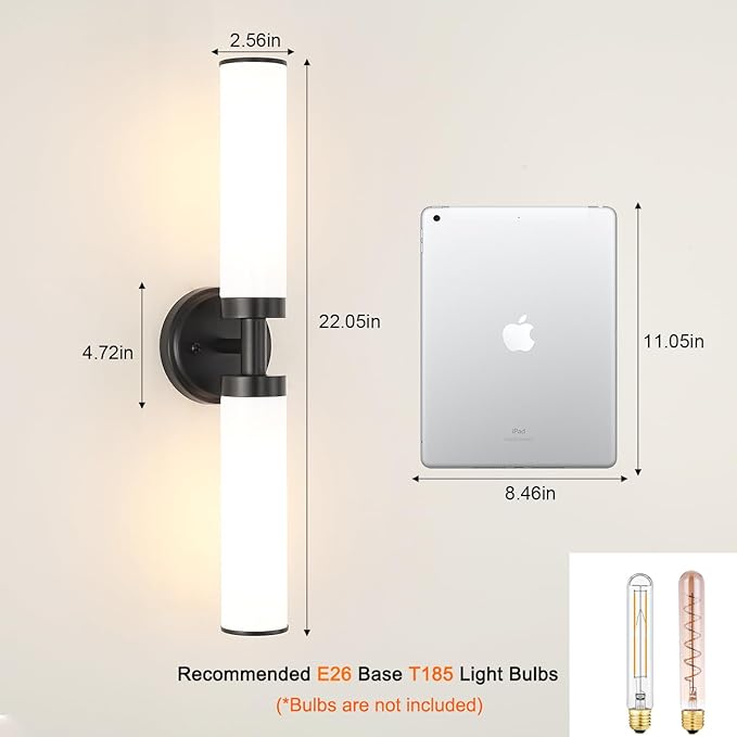 Matte Black Wall Sconces Set of 2, Modern Bathroom Vanity Lights for Mirror, Wall Light Fixtures with Milk Glass for Bathroom, Bedroom, Hallway, E26 Base, Bulbs Required, 22.05 Inch