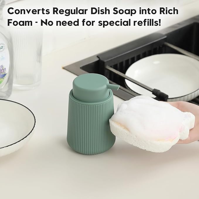 Striped Foaming Hand Soap Dispenser with Leak-Proof Pump for Bathroom and Kitchen Countertop 11oz Sage Green