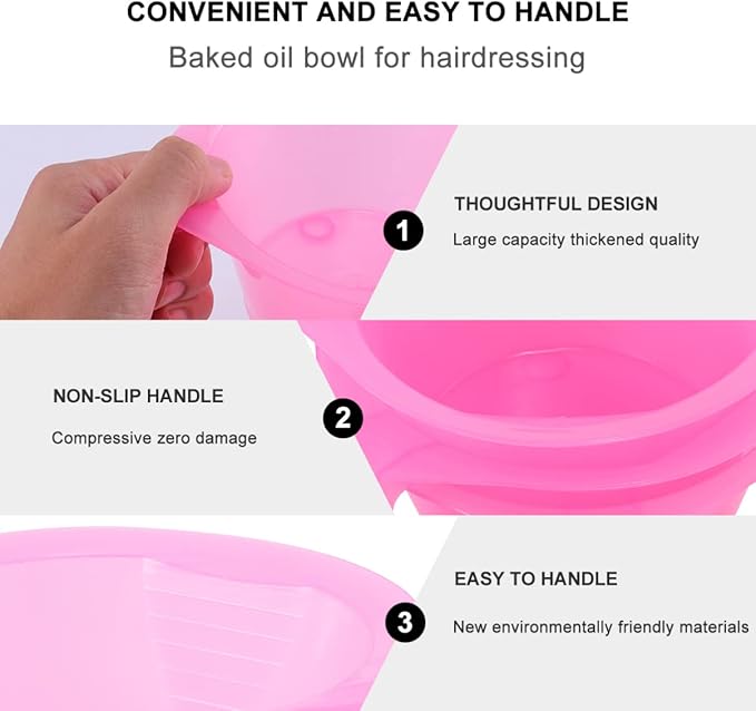 Hair Color Mixing Bowl, 3pcs Plastic Hair Dye Bowl with Handle Color Mixing Tint Bowl Hair Color Mixing Tool for Salon Hairdressing, Pink
