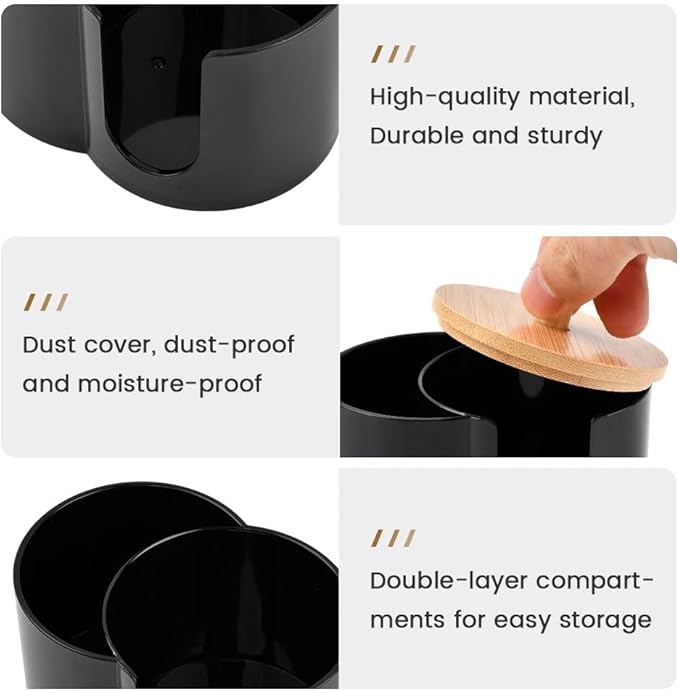 Qtip Holder Dispenser,Dual-Compartment Cotton Swab & Cotton Pad Organizer with Removable Dustproo-f Lid,Compact Countertop Storage Container(Black)