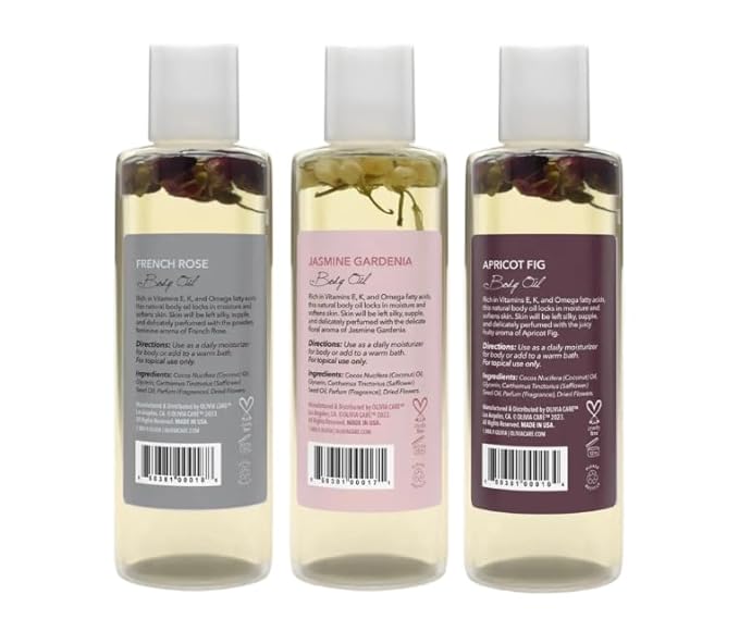 Olivia Care 3 Pack Body Oils: Apricot Fig, French Rose, Jasmine Gardenia - Natural Perfume Oils For Women & After Bath Oils Body Moisturizers, Rich in Vitamin E, K, & Omega (3 Scents)
