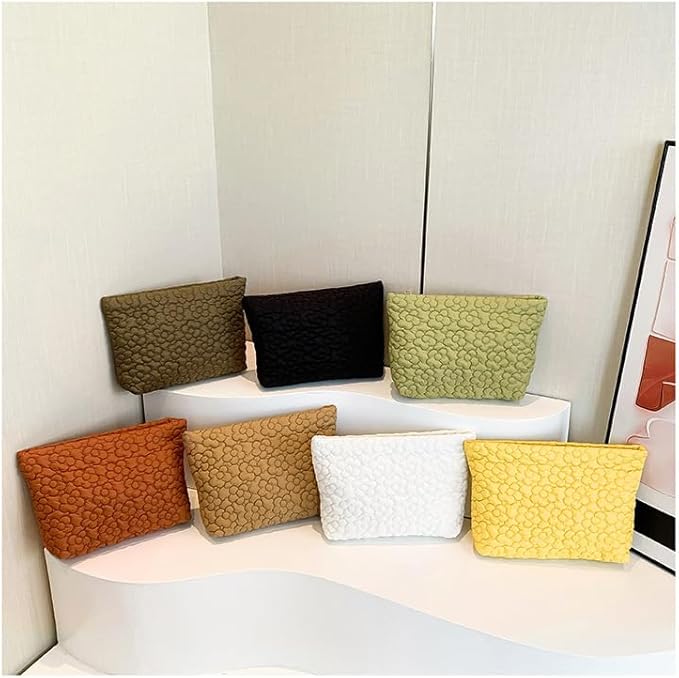 Puffy Quilted Makeup Bag for Women, Cosmetic Bag, Travel Toiletry Organizer Pouch Clutch (Yellow Flowers)