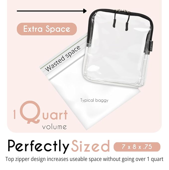 BORSALI TSA Approved Toiletry Bag - Clear Quart Size for 3-1-1 Carry On Travel - Makeup Organizer Cosmetic Pouch with Zipper - Travel Accessories - 5 Pack Colors