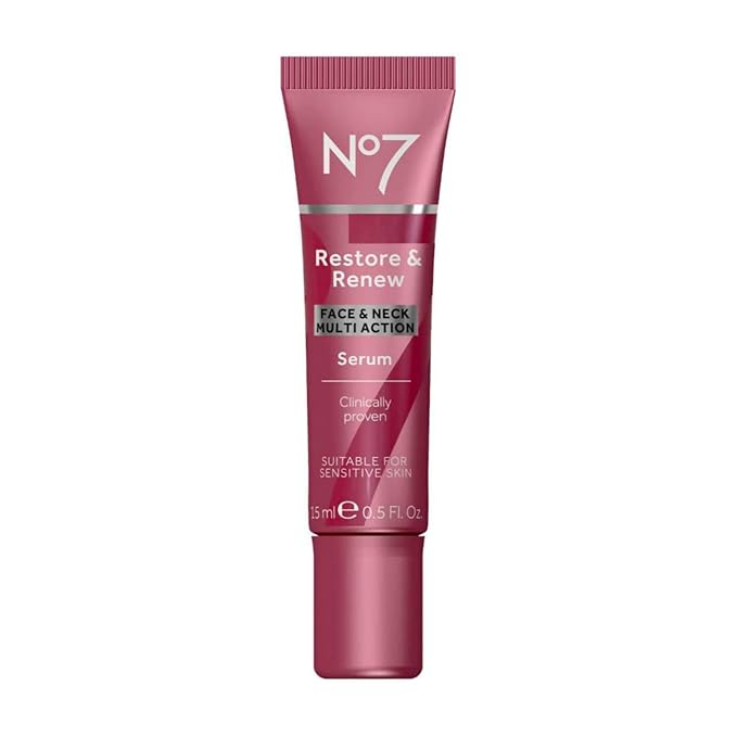 No7 Restore & Renew Multi-Action Face & Neck Serum - Anti Aging Serum for Deep Wrinkle Repair - Collagen Infused Skincare with a Hydrating Blend of Hibiscus Peptides & Hyaluronic Acid (0.5 Fl Oz)