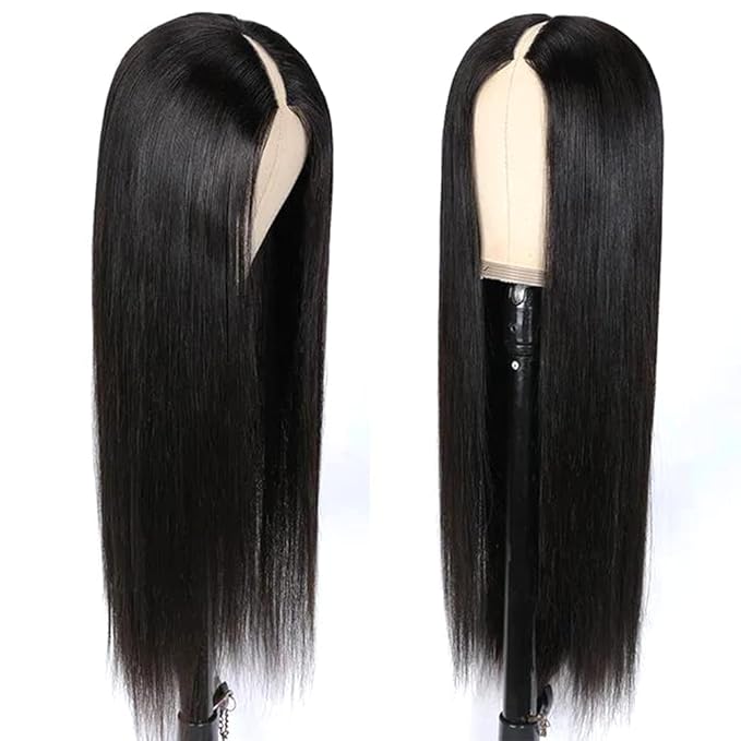 250% Density V Part Wigs Human Hair Straight Glueless Full Head Clip in Half Wigs Drawstring Wigs for Black Women Fits Snug No Glue No Sew in Beginner-friendly Natural Color 30 Inch