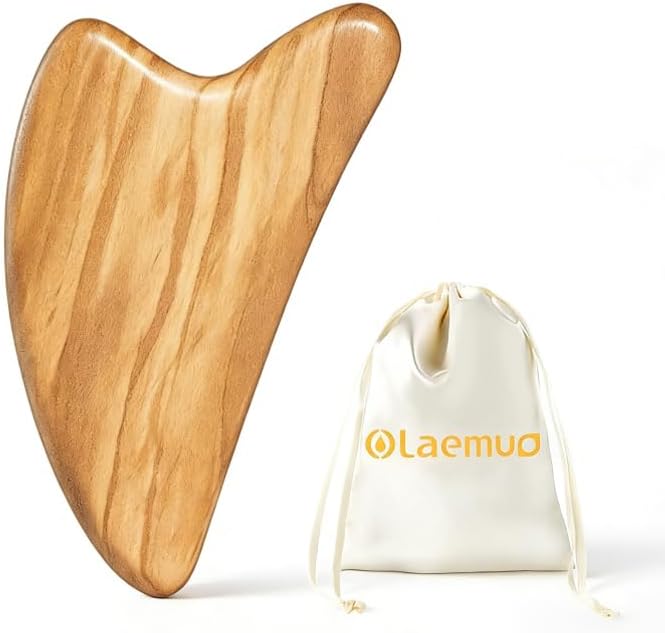 Gua Sha Tool for Face & Body - Natural Olive Wooden Lymphatic Drainage Massager, Facial Massage Tool for Jawline Sculpting & Puffiness Reducing, Skin Care Gift with Satin Pouch