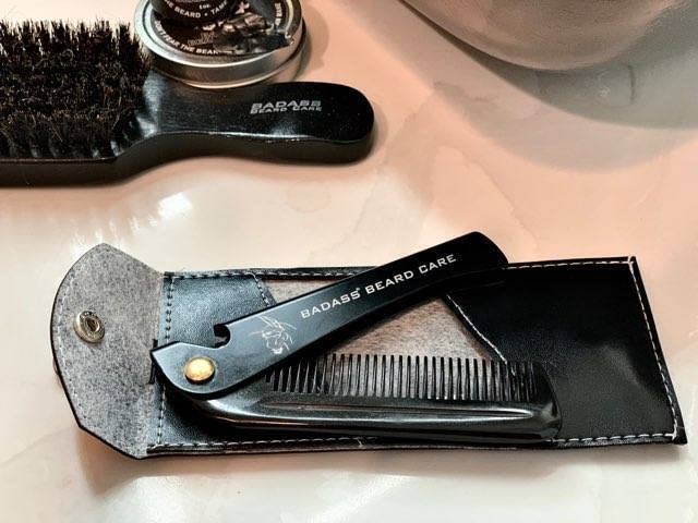 Badass Beard Care 2-IN-1 Folding Ox Horn Comb with Stainless Steel Body and Genuine Leather Protective Case