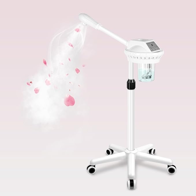 Professional Facial Steamer, Esthetician Steamer on Wheels, Stand Face Steamer for Facial Deep Cleaning and Hydration, Steamer for Facial for Personal Care or Beauty Spa or Salon, White