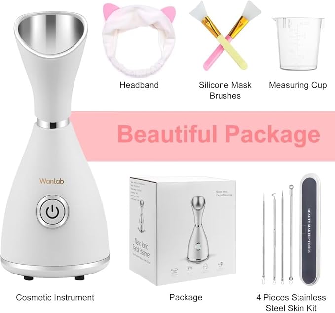 Portable Facial Steamer Nano Face Steamer Warm Mist Home Skin Spa Steamers for Sinuses Acne Pores Cleanse Blackhead Remover Kit Mask Brush