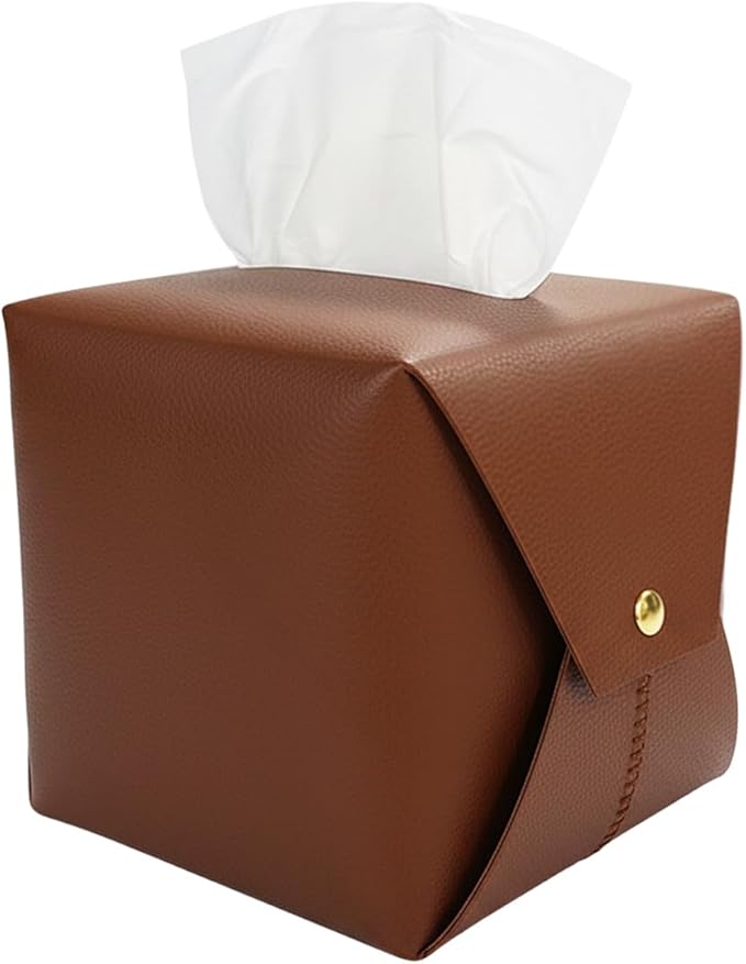 Tissue Box Cover Square, Leather Tissue Holder Organizer with Side Openings for Bathroom, Vanity, Tabletop, Office (1Pack-Brown)