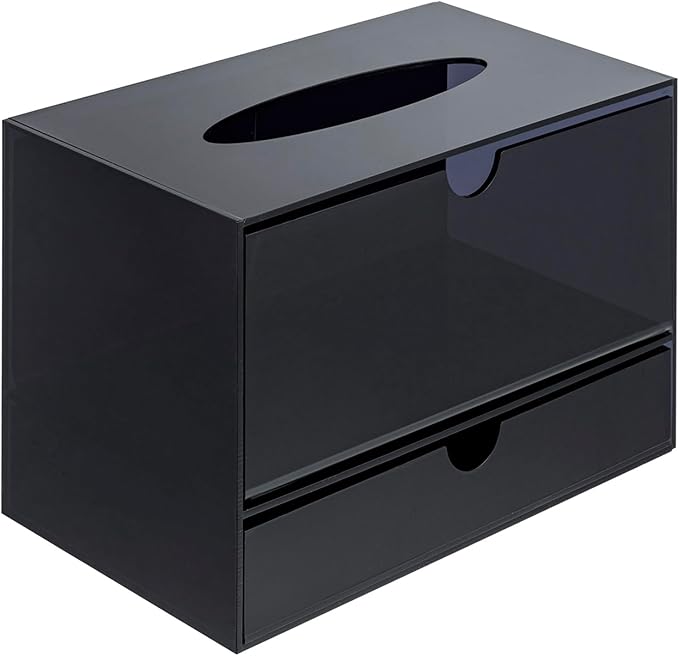 MyGift Premium Black Acrylic Cosmetic Organizer Caddy and Tissue Box Cover with Pull Out Makeup Storage Drawer - Countertop Bathroom Supplies Holder