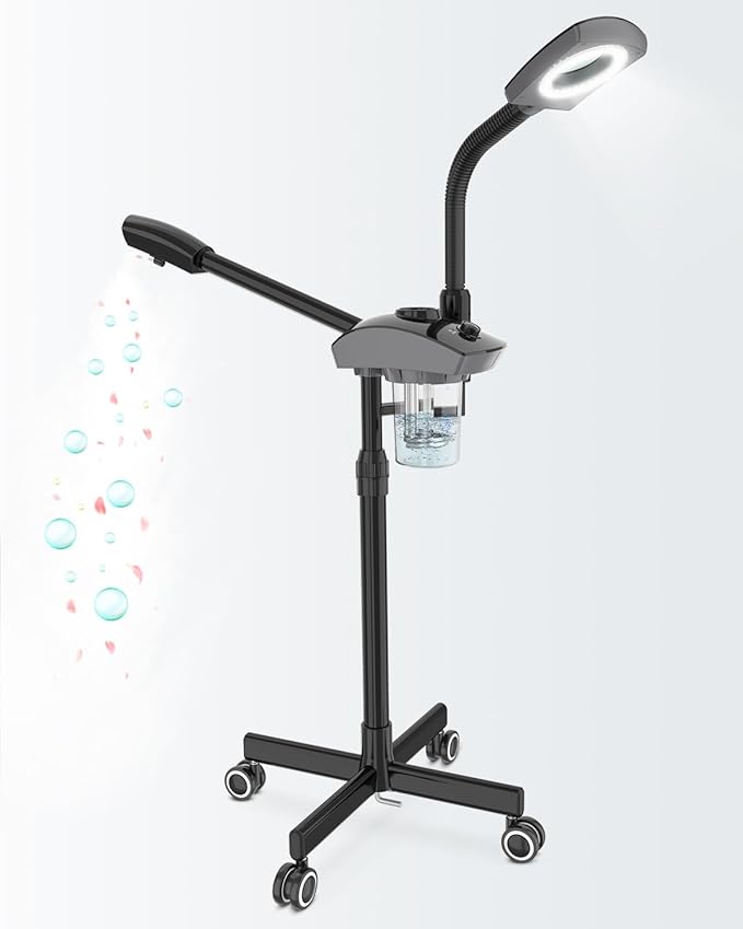 Kingsteam Facial Steamer & 5X Magnifying Lamp Combo, Professional Esthetician Equipment: Adjustable Nano Mist, Deep Pore Cleansing, Blackhead Remover, Acne Treatment Ozone Steamer (60 Min Timer),Black
