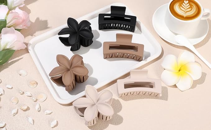 Flower Hair Clips for Women Square Claw Clips for Girls 2 Styles Hair Claw Clips for Thick or Thin Hair 6 PCS Hawaiian Hibiscus Rectangle Large Plumeria Medium Hair Accessories for Women (Brown)