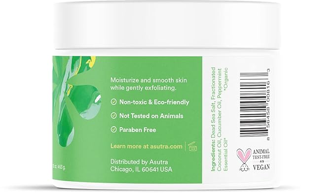 ASUTRA Dead Sea Salt Essential Oil Body Scrub Exfoliator (Cooling Cucumber), 16 oz - Ultra Hydrating, Gentle, & Moisturizing - Coconut, Cucumber, and Peppermint Oils