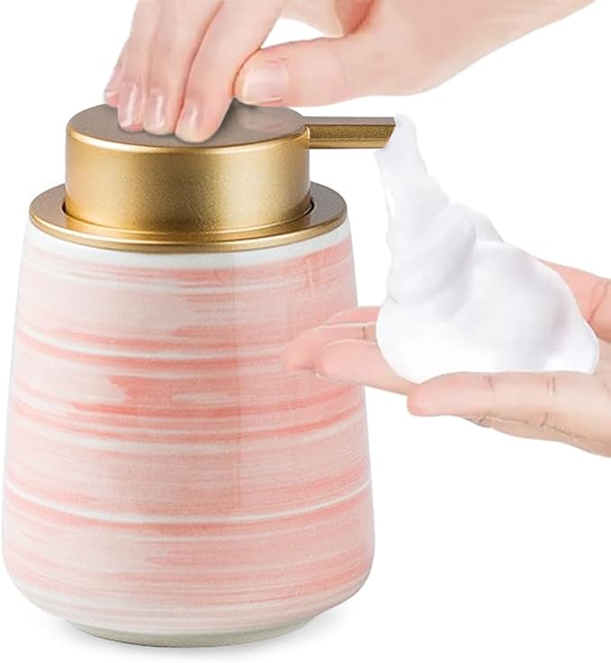 Modern Striped Style Gold Soap Dispenser for Bathroom, Ceramic Hand Soap Dispenser, Easy to Refill Liquid (Pink-Foam Pump)