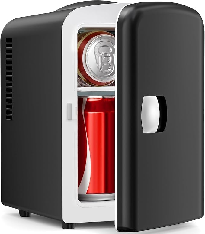 Compact Refrigerator, Portable Mini Fridge, Skin Care 4L/6 Cans, for Bedroom, Car, Office & Dorm, Small Cooler for Cosmetics, Beverage and Food, Black