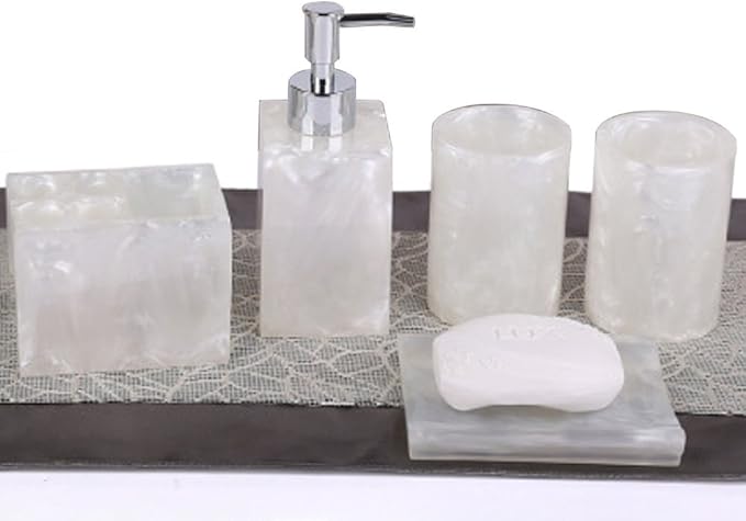 Resin Soap Dish, Soap Dispenser, Toothbrush Holder & Tumbler Bathroom Accessory 5 Piece Set (White)