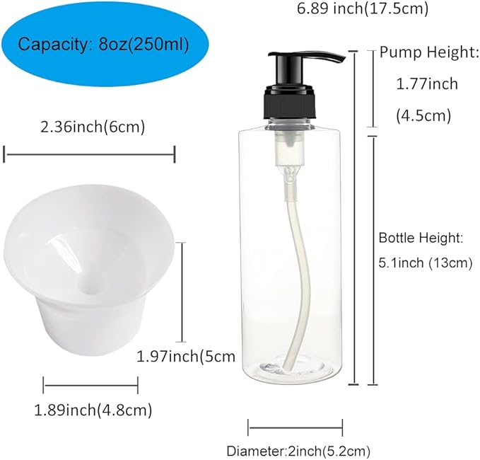 12 Pack 8 oz Plastic Pump Dispenser Bottles for Massage Oil, Shampoo, Lotions, Body Wash Pump Bottles, Cream Refillable Containers with Pump, 2 Funnel, 18 Chalk Labels