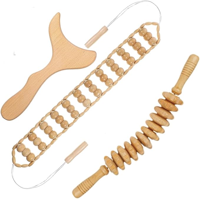3-in-1 Wood Therapy Massage Tools Lymphatic Drainage Massager Maderoterapia Kit Wooden Gua Sha Massager Body Sculpting Tools for Muscle Pain Relief, Anti-Cellulite, Body Contouring and Shaping