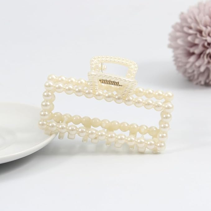 5 PCS Simulated Pearl Hair Claw Clips for Women | Multi-Use Barrettes for Thin Hair with Non-Slip Strong Hold | Barrettes for Thick & Curly Hair Accessories | Flat Claw Clips for Women, Off-White
