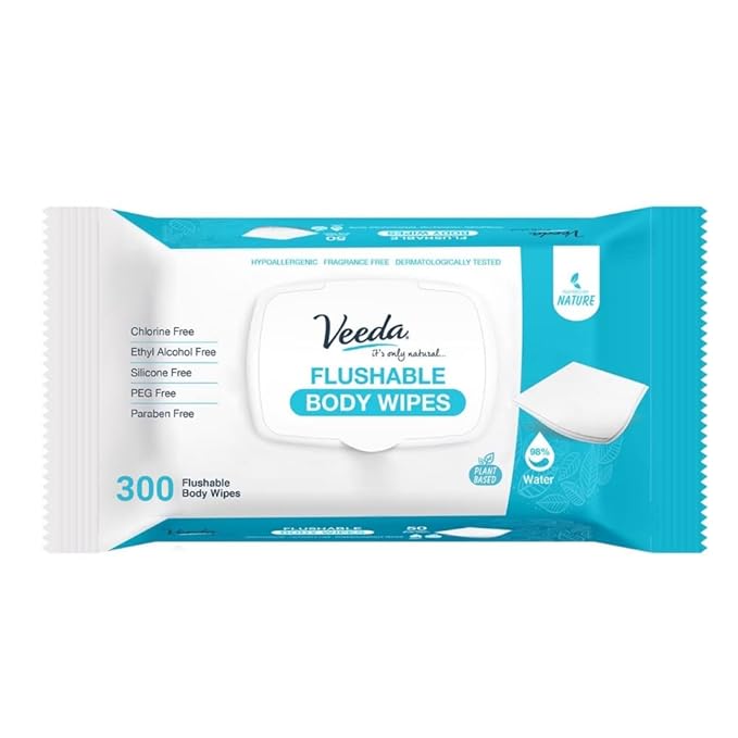 Veeda Natural Flushable Wipes for Adults - 300 Count, Hypoallergenic & pH Balanced Wet Wipe - Unscented Personal Cleansing Body Wipe Safe for Sensitive Skin - Toilet Wipes
