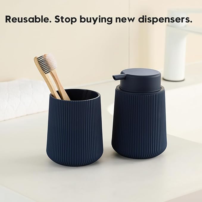 Striped Foaming Hand Soap Dispenser with Leak-Proof Pump for Bathroom and Kitchen Countertop 11oz Navy Blue