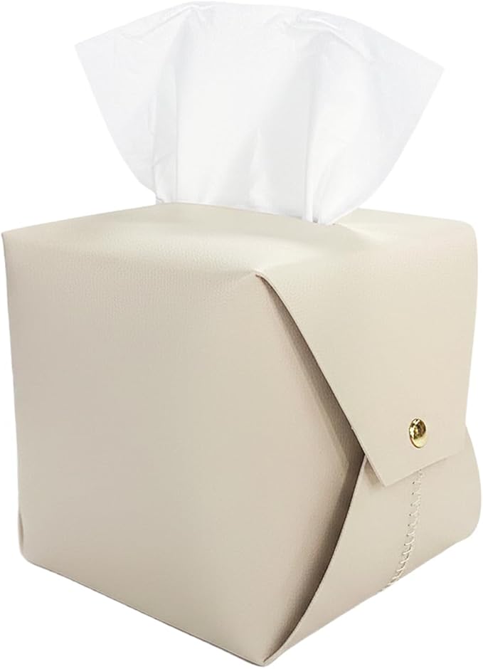 Tissue Box Cover Square, Leather Tissue Holder Organizer with Side Openings for Bathroom, Vanity, Tabletop, Office (1Pack-White)