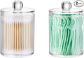 2 Pack Qtip Holder Storage Canister for Cotton Ball, Cotton Swab, Pads, Floss; 10-Ounce Clear Plastic Apothecary Jar with Lid, Bathroom Makeup Organizer (2)